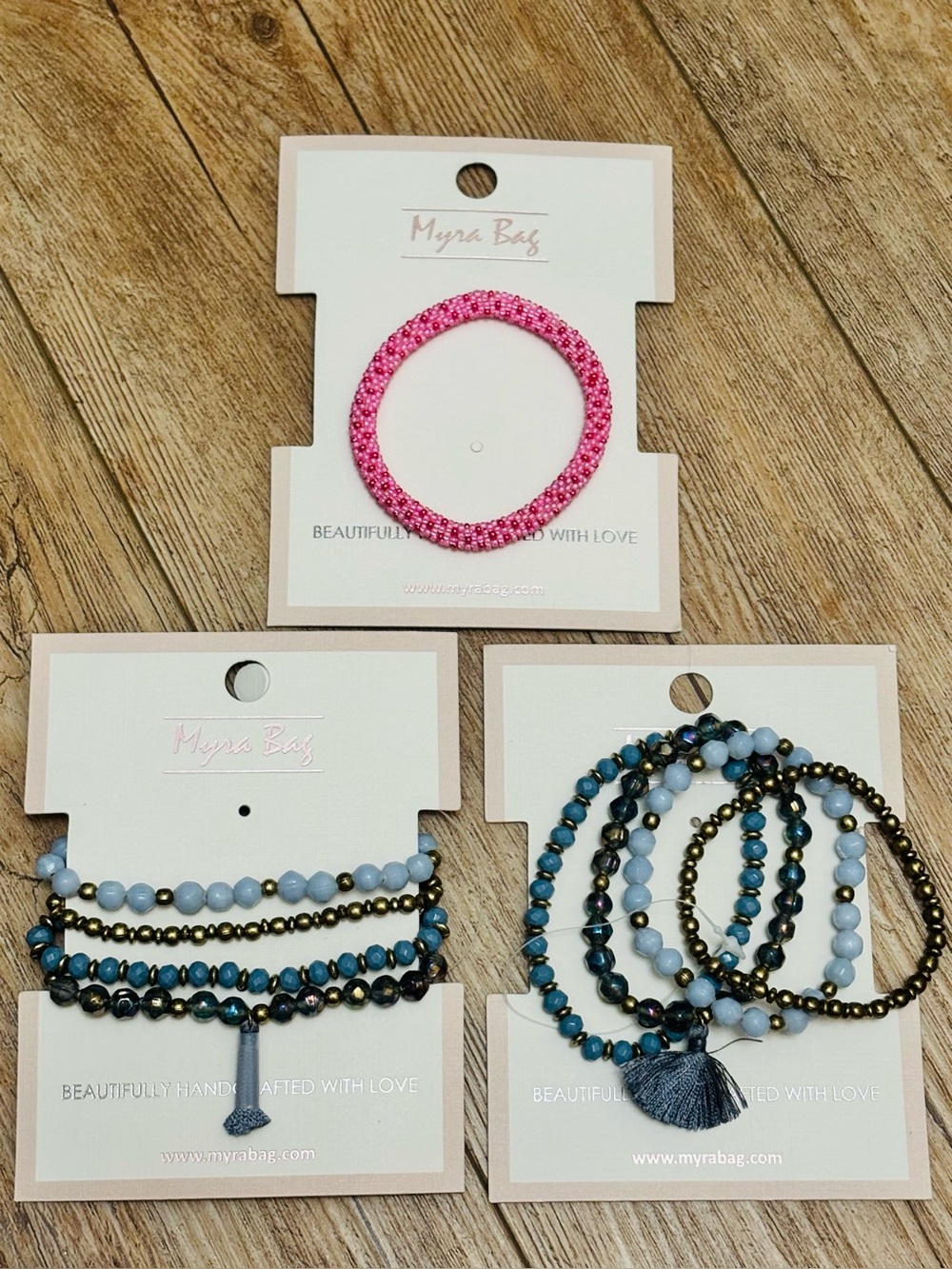 Myra Bag Pink Seed Bead Roll On & 2 Blue Bracelet Stacks
